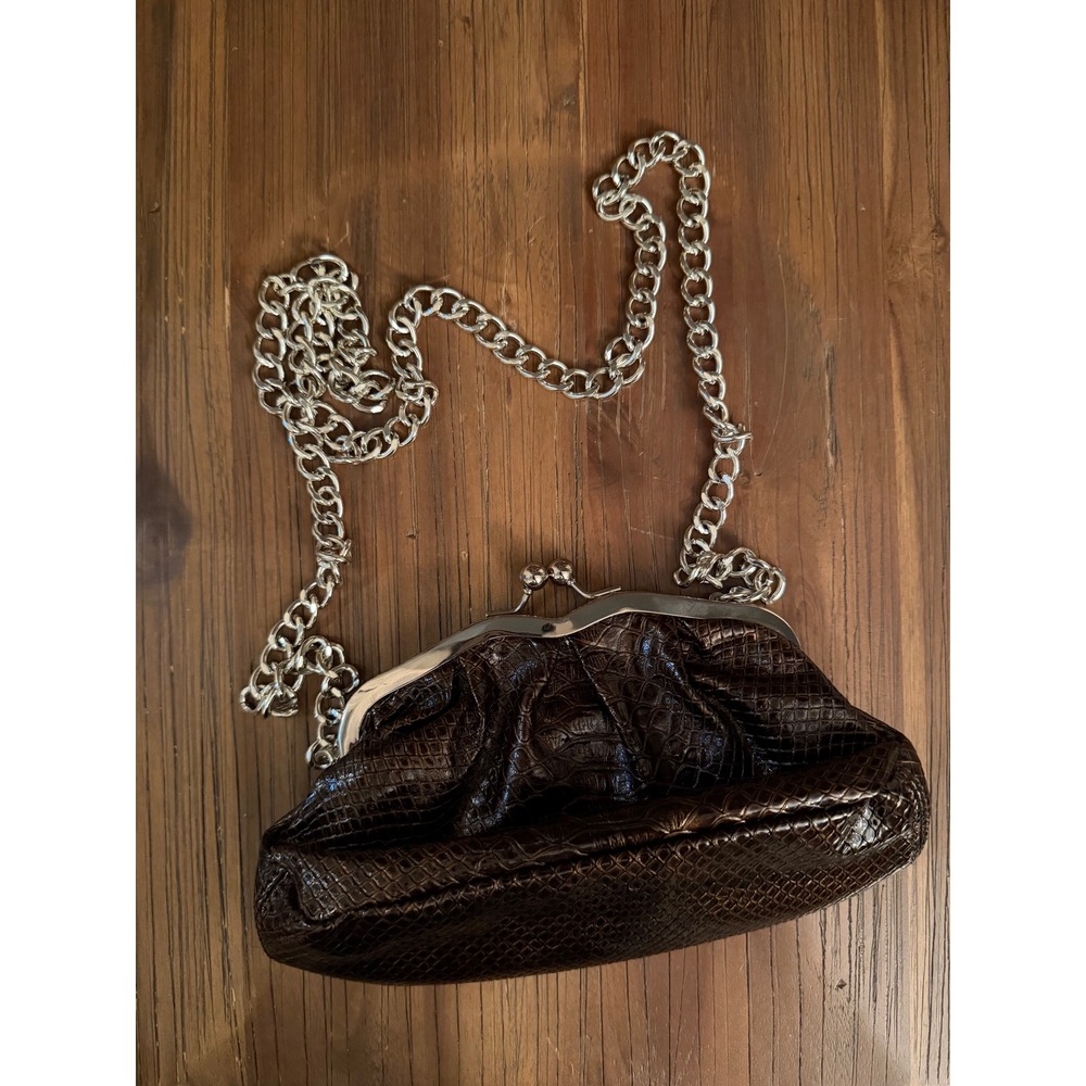 Apt. 9‎ Brown Faux Snakeskin Embossed Clutch Purse Bag Silver Chain